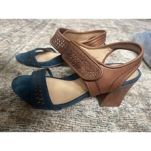 Earthies Asola deep blue multi open toe suede leather sandal heel Sz 9B women’s